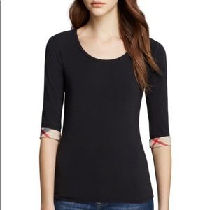 Burberry Scoop Neck Tee With Check Cuffs